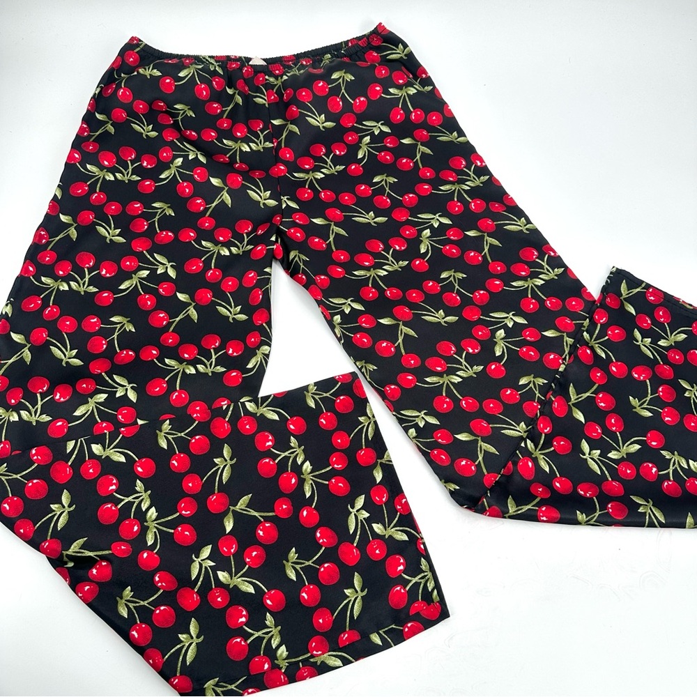 3/$15 Satin Pajama Pant Womens S Cherry Print Elastic Waist VTG Korea FLAWS/RUNS